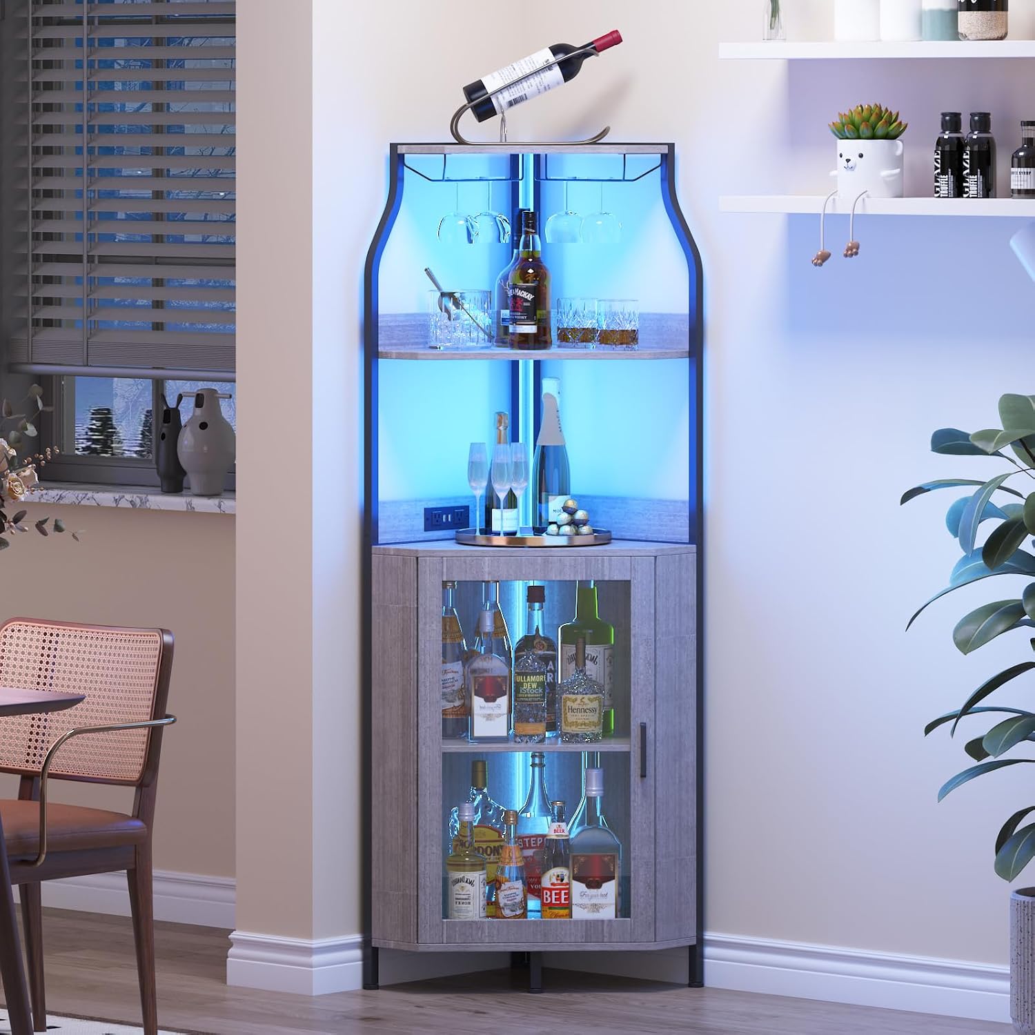 Home Bar Shelf - 5 Katlı Köşe Şarap Dolabı, Ahşap