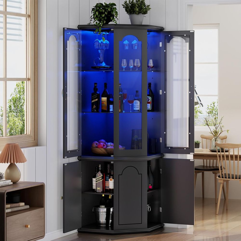 Home Bar Shelf - Temperli Cam Kapılı Işıklı Bar Dolabı,